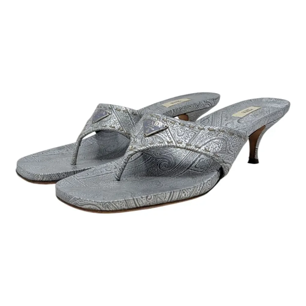 Vintage Prada Logo Kitten Heel Flip Flops Square Toe Sandal Mule Silver Blue 40